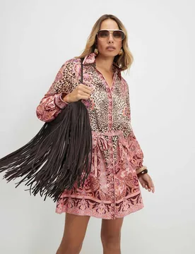 Pure Cotton Printed Belted Mini Shirt Dress Brown Mix female - River Island - FashionsVida