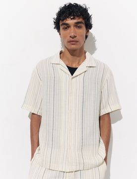Camicia A Righe In Bambula A Maniche Corte