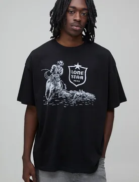Men's Oversized Lone Star Beer Cowboy License Print T-Shirt Black Size X-Small Black XS - boohooMAN - FashionsVida