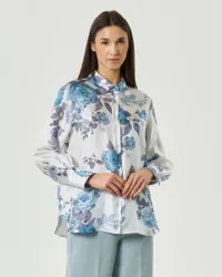Camicia azzurra in twill di seta con stampa floreale