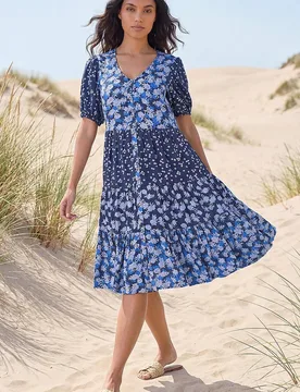 Women's Floral Cotton Blend Tiered Smock Dress in Navy Size: 18 - Navy - Size: 18 - Roman - FashionsVida