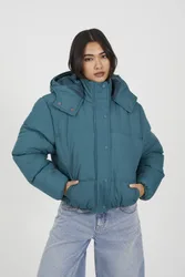 Women's Oversized Hooded Short Puffer Jacket in Teal Size: 12 - Teal - Size: 12
