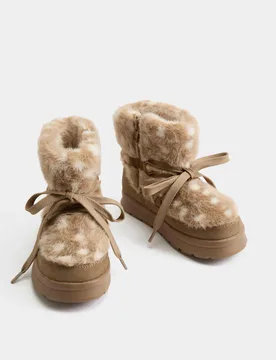 Doe Faux Fur Fashion Snow Boots (4 Small - 6 Large) Brown Mix unisex - M&S - FashionsVida