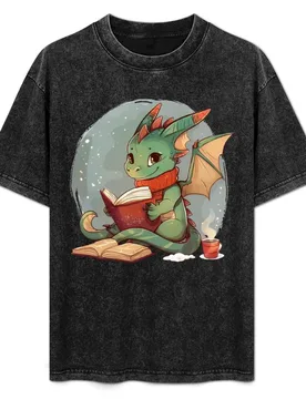 Cozy Dragon reading books and drinking hot tea T-Shirt Basic Plain Short Sleeve Crew Neck Tee - Aliexpress - FashionsVida