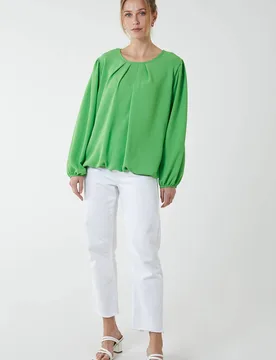 Women's Elasticated Blouson Hem Blouse in Green Size: Small/Medium - Green - Size: S/M - Blue Vanilla - FashionsVida