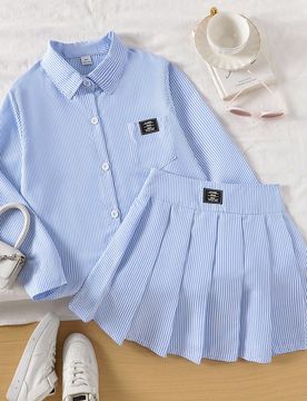 Conjunto de blusa de manga larga a rayas azules y falda con cintura elástica decorativa para niñas preadolescentes, para otoño/invierno