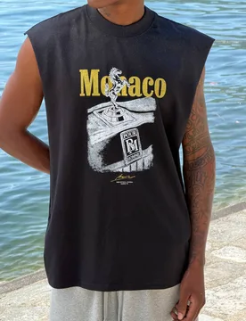 Men's Oversized Monaco Print Spray Wash Tank Black Size X-Small Black XS - boohooMAN - FashionsVida