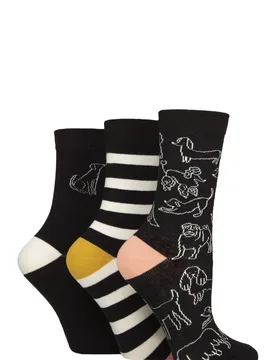 Women's 3 Pair Patterned Cotton Socks Dog Outline Black 4-8 Women's - Black - Size: Small - Caroline Gardner - FashionsVida