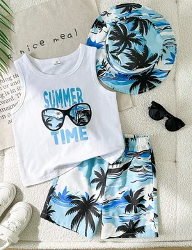 Conjunto de camiseta de verano para niños, camiseta sin mangas con estampado versátil combinada con pantalones cortos con estampado de palmeras de c - Shein - FashionsVida