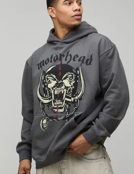 Mens Oversized Motorhead License Printed Hoodie - Charcoal Cotton - Size Small - boohooMAN - FashionsVida