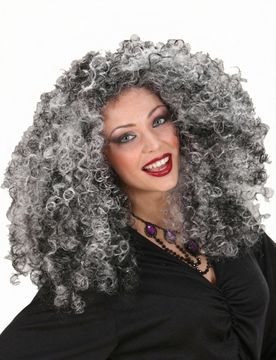 Hexe Locken-Perücke grau-schwarz