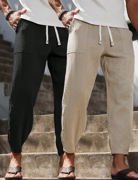 Pantalones largos casuales de hombre de algodón puro con cintura de cordón y bolsillos de parche - Shein - FashionsVida