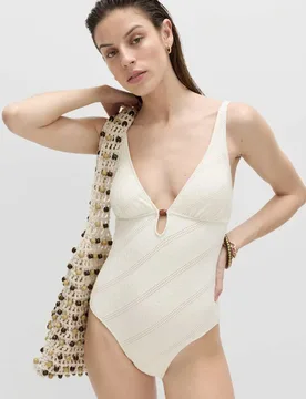 Textured Padded Bead Detail Plunge Swimsuit Ivory female - M&S - FashionsVida