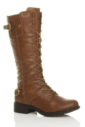 Lace Up Calf Military Biker Boots - Tan - Size: 5