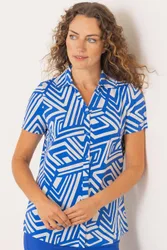 Women's Short Sleeve Printed Blouse in Blue Size: Small - Blue - Size: S
