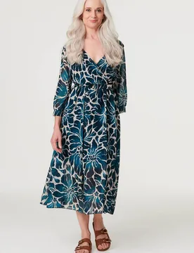 Floral Semi Sheer V-Neck Midi Dress - Green - Size: M - Izabel London - FashionsVida