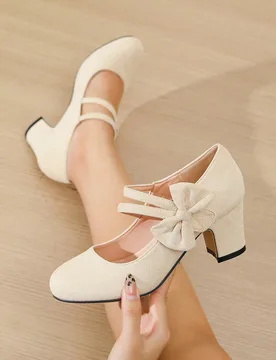 Zapatos de mujer de ante color albaricoque beige con tacón alto tipo Mary Jane, correa en T, hebilla y tacón grueso, estilo casual de moda para boda - Shein - FashionsVida