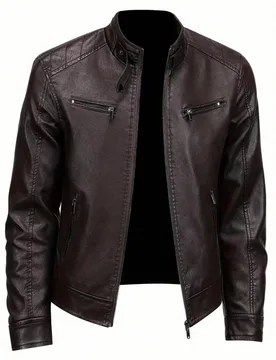 Chaqueta de cuero de motocicleta de unicolor para hombres, deportes al aire libre, estilo de pareja, primavera/otoño - Shein - FashionsVida