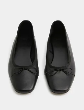 Leather Bow Flat Round Toe Ballet Pumps Black/Black female - M&S - FashionsVida