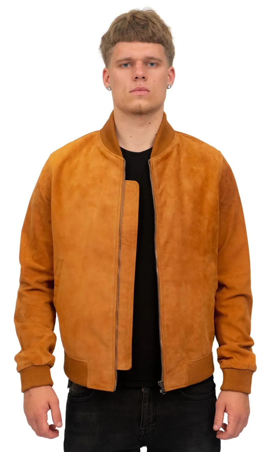 Mens Retro Goat Suede Varsity Bomber Jacket-Athens - Tan - Size Large - Infinity Leather - FashionsVida
