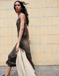 Satin Lace Insert V-Neck Midaxi Slip Dress Olive female
