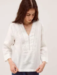 Pure Cotton Lace V-Neck Blouse White female