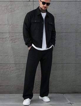 Conjunto de camisa y pantalones con textura de gofre y jacquard para hombre, conjunto coordinado para hombre, atuendo negro para hombre, conjunto comp