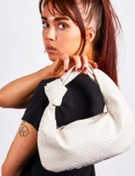 Womens Woven Pu Leather Grab Bag With Knotted Strap Detail - Off-White - One Size - SVNX - FashionsVida