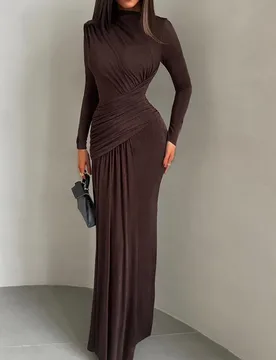 Brown Pink Women Prom Dress Autumn High Neck Full Sleeves Long Sheath Party Gown Ruffles Formal Slim Fit Evening Birthday Robe - Aliexpress - FashionsVida