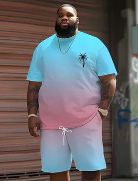 Conjunto deportivo de estilo vacacional sencillo para hombres con estampado degradado de palmeras - Tejido de punto de poliéster, diseño de cuello r - Shein - FashionsVida
