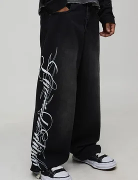Men's Super Baggy Embroidered Gothic Jeans Washed Black Size 46R Washed Black 46R - boohooMAN - FashionsVida