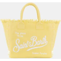 Bolso grande de tejido canvas con asas de mano y flecos en la parte superior