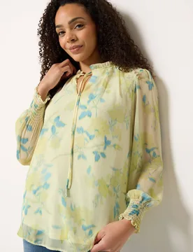 Women's Floral Print Tie Neck Blouse in Yellow Size: 18 - Yellow - Size: 18 - M&Co - FashionsVida