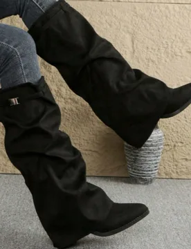 Botas de montar para mujer de ante, ajuste ceñido, por encima de la rodilla/media pantorrilla, tacón grueso, punta afilada, otoño/invierno - Shein - FashionsVida