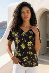 Women's Floral Print Gathered Stretch Top in Black Size: 12 - Black - Size: 12