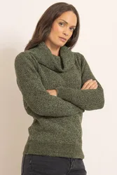 Women's Cowl Neck Long Sleeve Chenille Knitted Jumper in Khaki Size: Medium - Khaki - Size: M