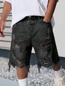 Shorts vaqueros sueltos desgastados negros para niños - Shein - FashionsVida