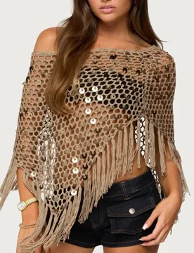 New Women Handmade Crochet Sequin Triangle Shawl Tassel Asymmetric Shoulder Cape Hollow Out Casual Vacation Beach Cover Up - Aliexpress - FashionsVida