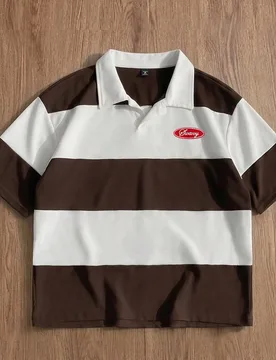 Camisa POLO casual de verano para hombre, ajuste holgado, talla estándar, blanco & café, bloques de color con contraste y bordado - Shein - FashionsVida