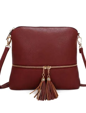 Small Flat Tassel Accent Front Pocket Crossbody Handbag - Burgundy - Size: One Size - Kitise - FashionsVida