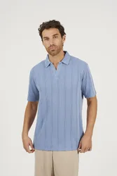 Mens Blue Jacquard Trophy Neck Polo Shirt - Size Medium