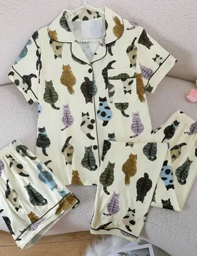 Conjunto de pijama de 3 piezas con manga corta transpirable, pantalón corto y pantalón largo, manga corta con solapa y botones. Adecuado para todas - Shein - FashionsVida
