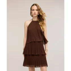 Vestido corto plisado con volantes escote halter con cierre de lazos