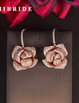 HIBRIDE Fashion Luxury Rose Gold Color Flower Shape Dangle Earrings For Women Jewelry Micro CZ Pave Brincos Party Show E-865 - Aliexpress - FashionsVida
