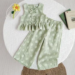 Piezas Conjunto de top y pantalones de niña con estampado de margaritas y cuadros, para verano