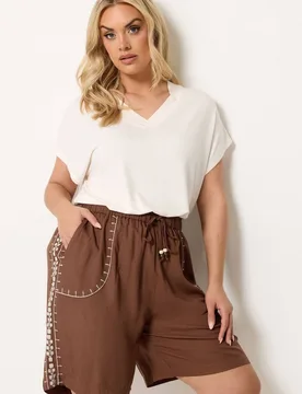 Embroidered Shorts - Brown - Size: 22-24 - Yours - FashionsVida