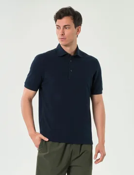 Polo blu in piquè di cotone con colletto aperto alla francese - Rodolfo Pellizzari - FashionsVida
