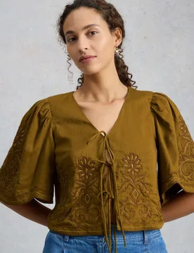 Pure Cotton Embroidered Tie Front Top Green female - White stuff - FashionsVida