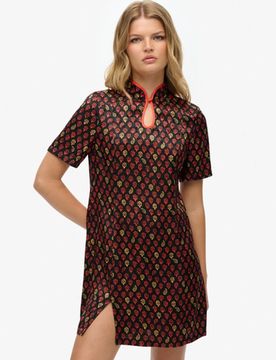 Superdry Damen Jacquard-minikleid mit Mandarinkragen Black - Größe: 38