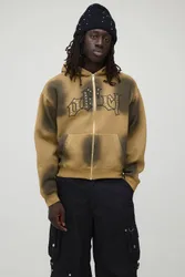 Herren Übergroßer Kastenförmiger Gotischer Verzierter Kapuzenpullover Mit Dirty-Wash-Effekt Und Durchgehendem Reißverschluss Brown Größe XS